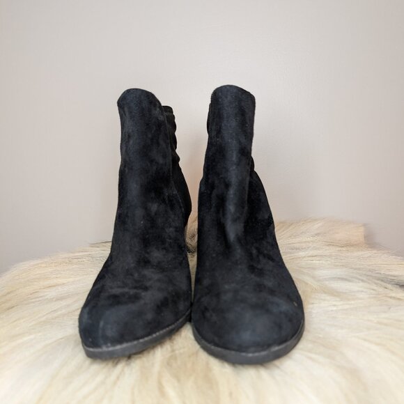 Mark Fisher Black Suede Heeled Pull-On Booties | Gold Heel Accent | Women's 7.5 - Picture 4 of 9